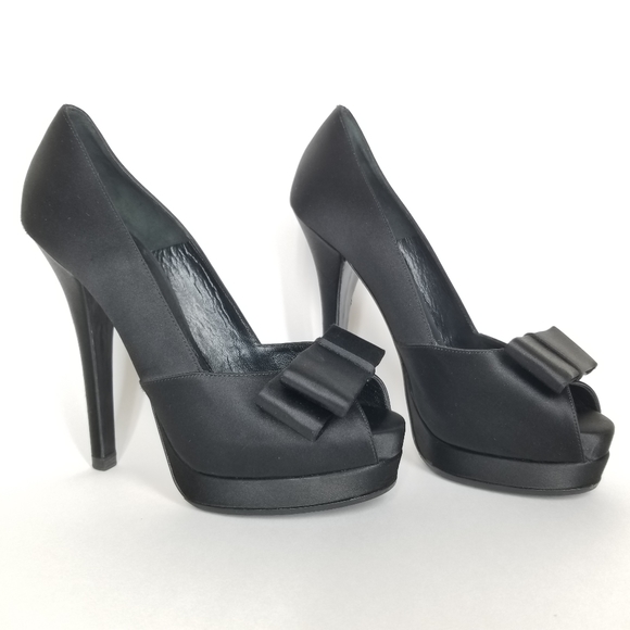FENDI Peep Toe Heels in Black Satin with Bow Platform Stiletto Pumps EU 37 - Picture 11 of 16